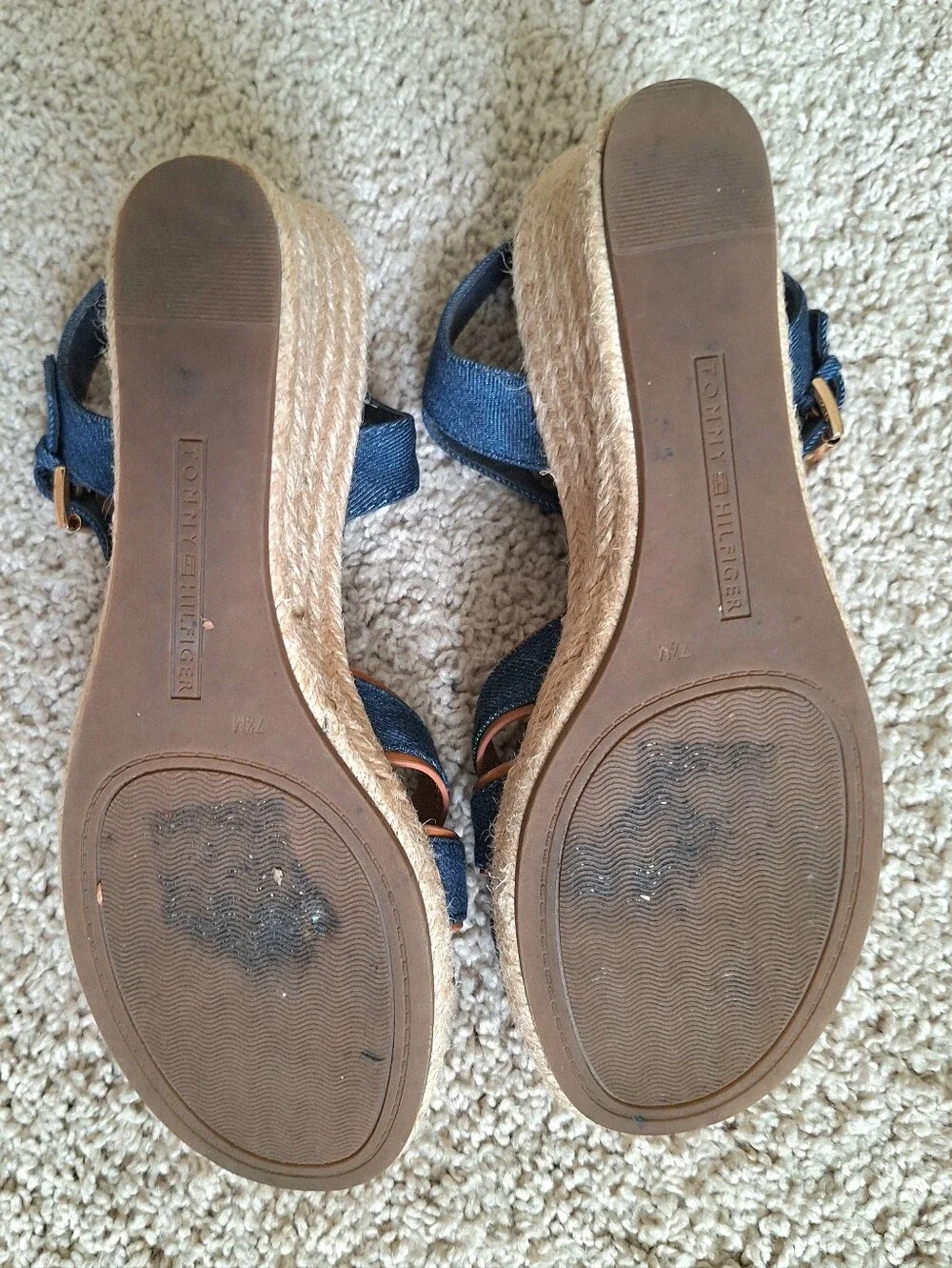 Tommy Hilfiger Gazeiy Blue Denim Espadrille Wedge Sandals Faux Brown Leather 7